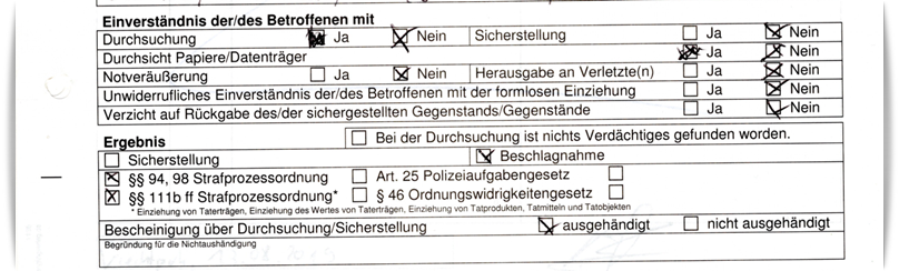 Einverständnis  des Betroffenen beim Sicherstellungsprotokoll 