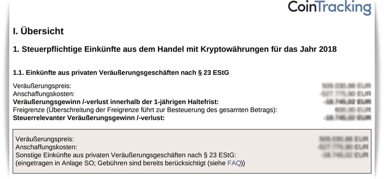 Auszug für die Steuererklärung von CoinTracking