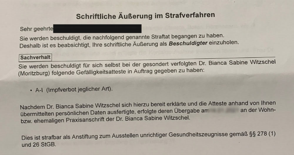 Atteste von Dr. Witzschel: Strafverfahren gegen Adressaten