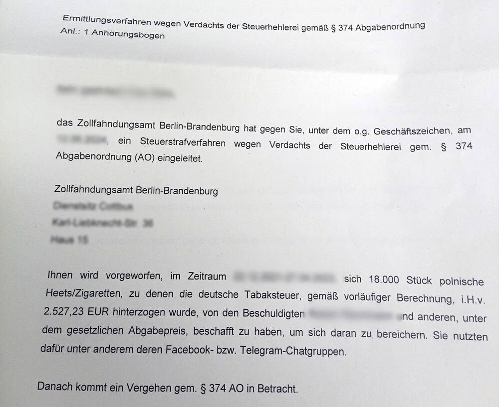 Auszug Anhörungsbogen wegen Bestellung von HEETS aus Polen